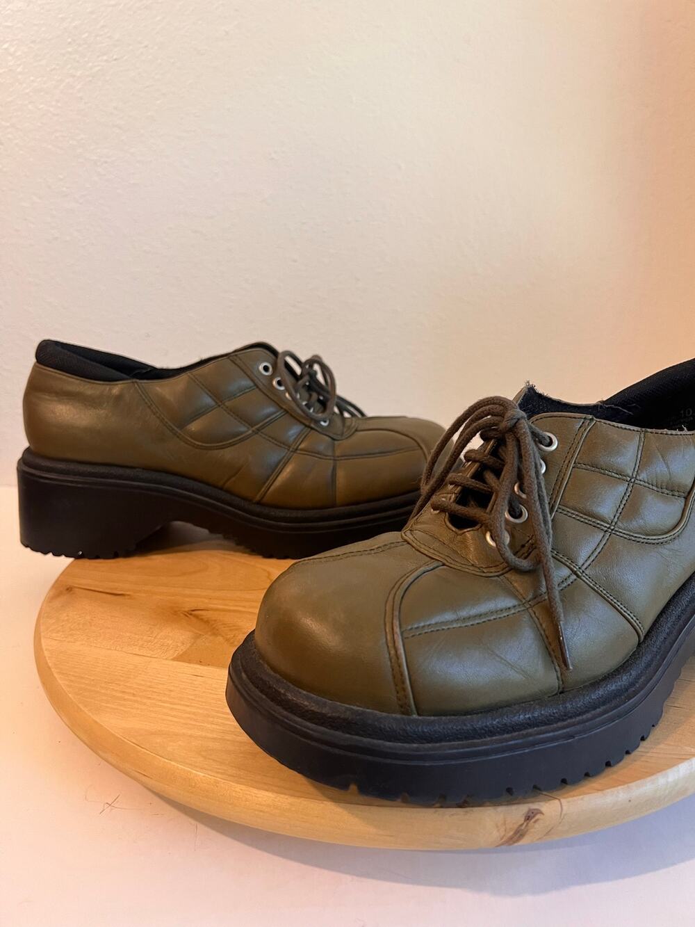 Olive Green Leather Square Toe Chunky Platform Lace Up Loafer Shoe Women Size 10
